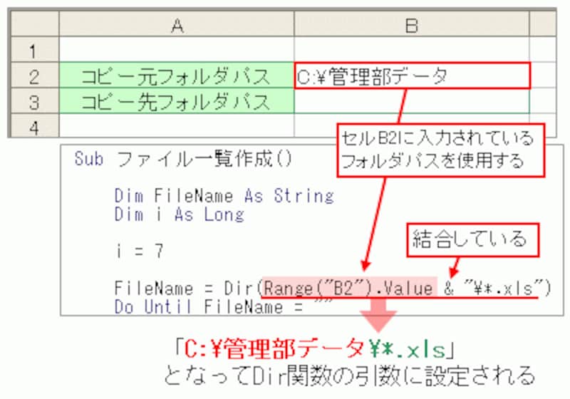 ワークシートに入力されたフォルダパスを検索する
