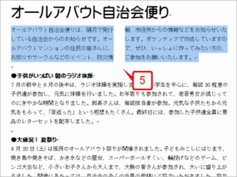 選択した範囲が2段組みになります。なお、設定直後は範囲選択された状態となります