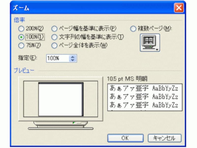 ［表示］→［ズーム］を選択すれば、［ズーム］ダイアログボックスを開いて設定することもできる
