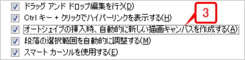 拡大した画面。［オートシェイプの挿入時、自動的に新しい描画キャンバスを作成する］をオンにします。