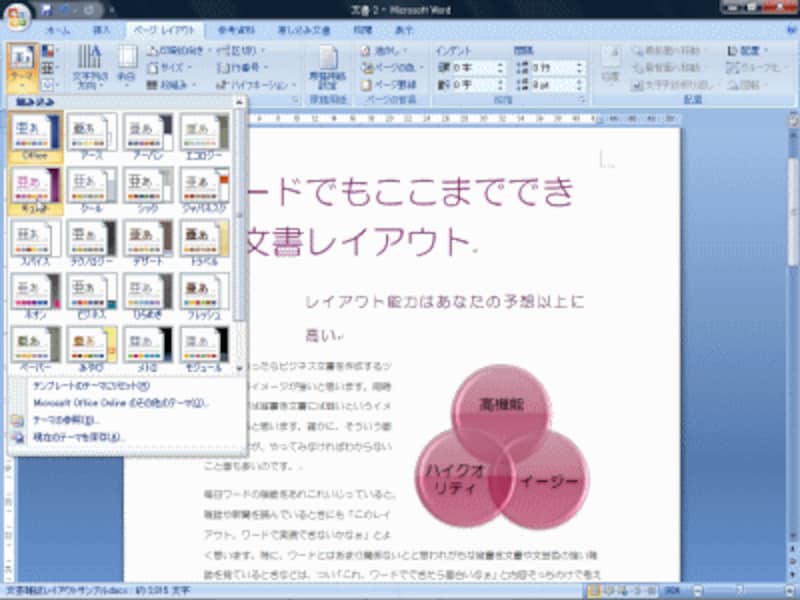 続けてテーマで「キュート」を選択すると配色、フォント、特殊効果が変化します。