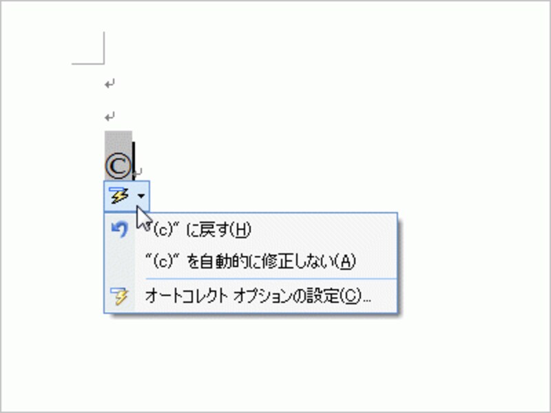 ［オートコレクトのオプション］ボタンをクリックすると、もとに戻したり、機能を無効にしたりするメニューが表示されます