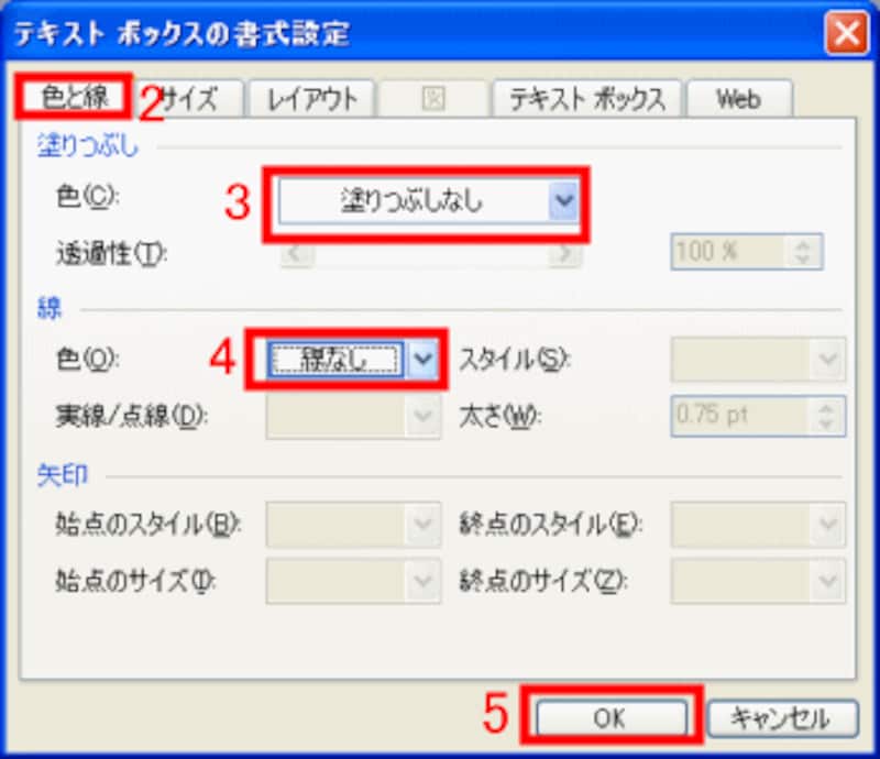 「塗りつぶしなし」「線なし」を選択
