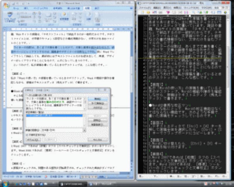 原稿がチェックされて問題のある箇所が反転表示され、チェックされた理由がダイアログボックスに表示されます。内容を確認して、必要であればテキストエディタで原稿を修正します
