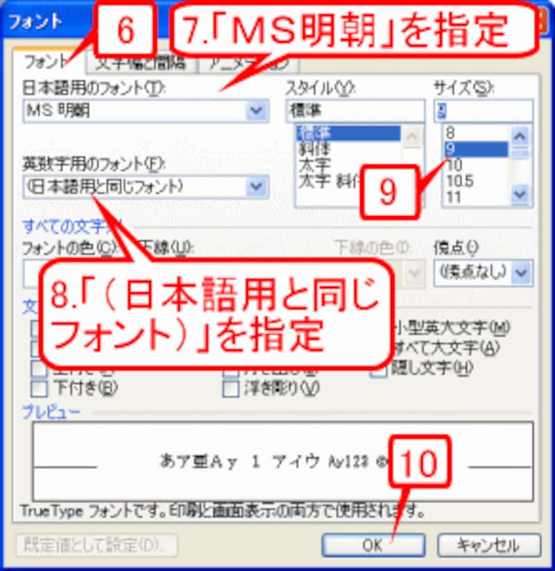 「ＭＳ 明朝」「（日本語用と同じフォント）」を指定し、［サイズ］は「9pt」を指定する