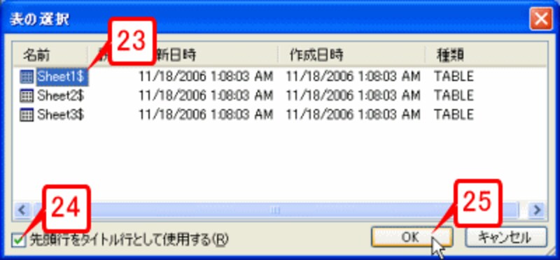 「Sheet1$」をクリックし、［先頭行をタイトル行として使用する］をチェックして［OK］ボタンをクリックします。