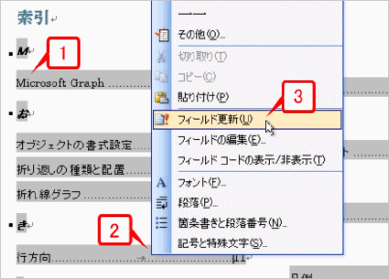 作成した索引中にカーソルを置き、索引がグレーの網掛け表示された状態にしたら、右クリックしてショートカットメニューを開き、［フィールド更新］を選択します