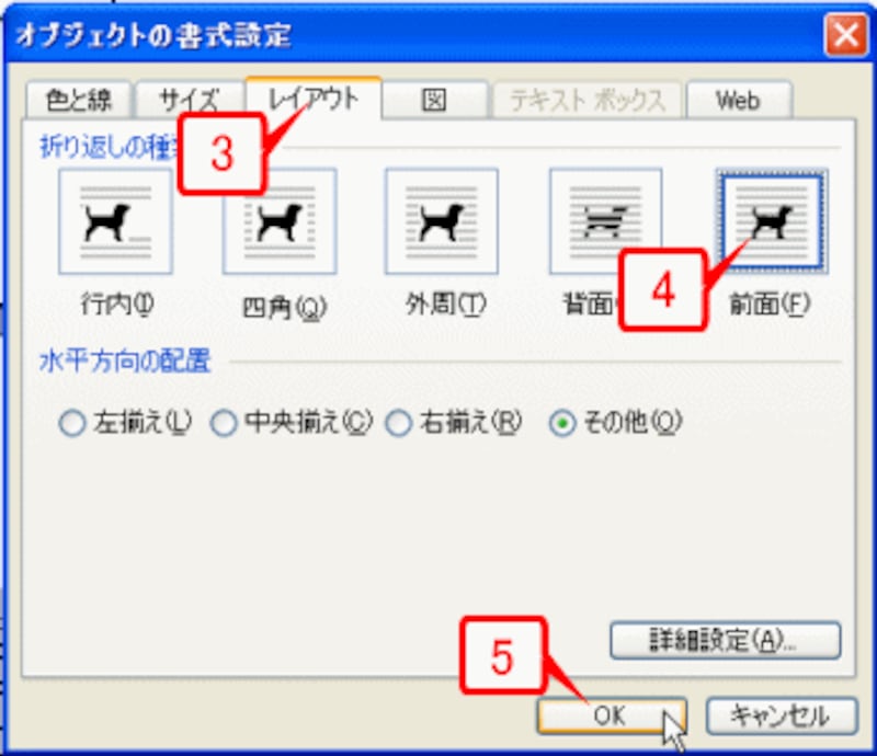 ［レイアウト］タブの［折り返しの種類と配置］で［前面］を指定して［OK］ボタンをクリックします