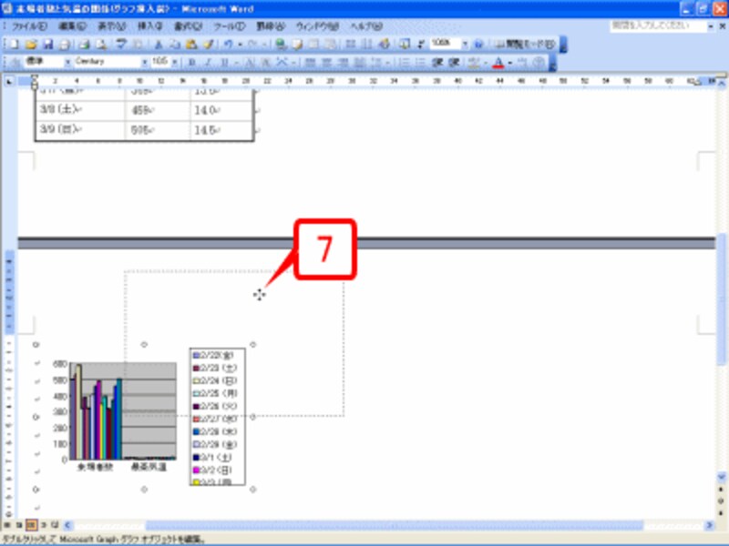 グラフをドラッグして表の右側まで移動します。ページをまたぐ操作が難しい場合は、少しずつドラッグして移動するとよいでしょう