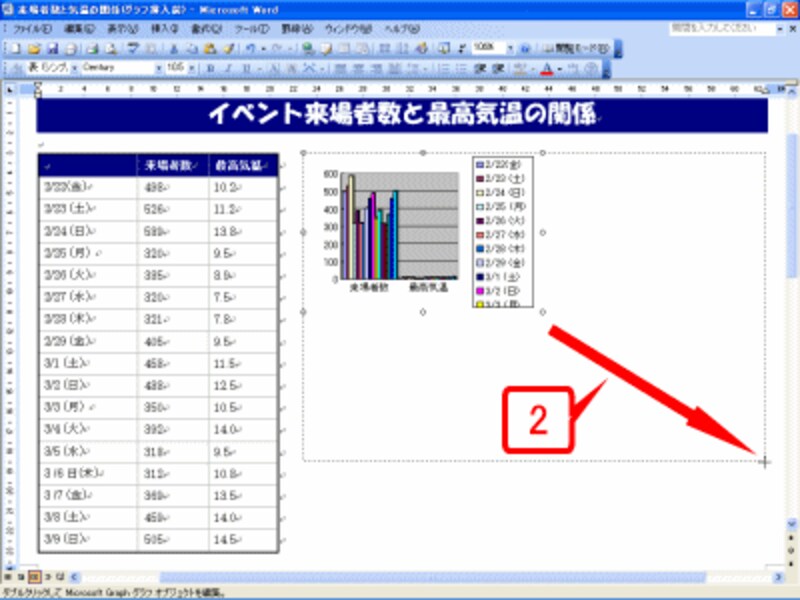 ドラッグしてサイズを大きくします。四隅の○マークのドラッグでは、縦横比を保ったままサイズ変更できるので、このサンプルの場合、まずは横幅をできるだけ大きくします
