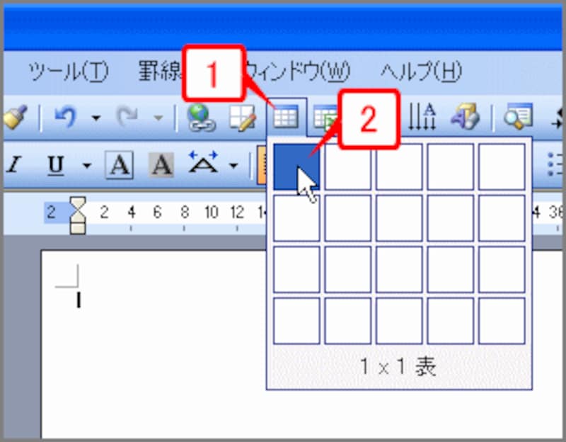 ツールバーの［表の挿入］ボタンをクリックしてパネルを開いたら、「1×1」の位置をクリックします（Word 2007では［挿入］タブの［表］ボタンをクリック）
