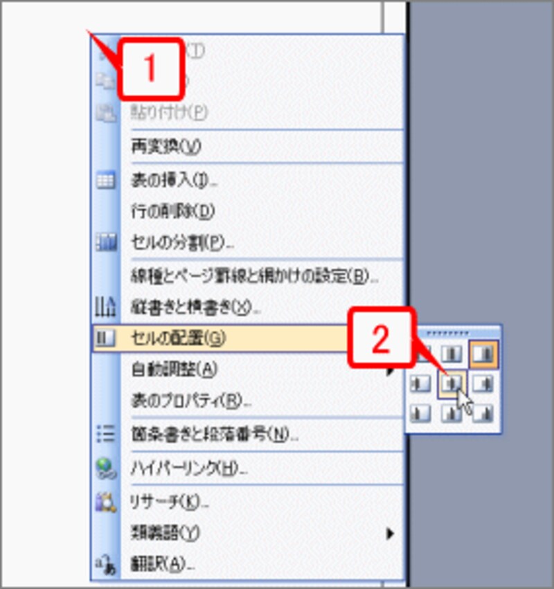 セルを右クリックしてショートカットメニューを開いたら、［セルの配置］を選択し、サブメニューで上下左右中央のボタンをクリックします