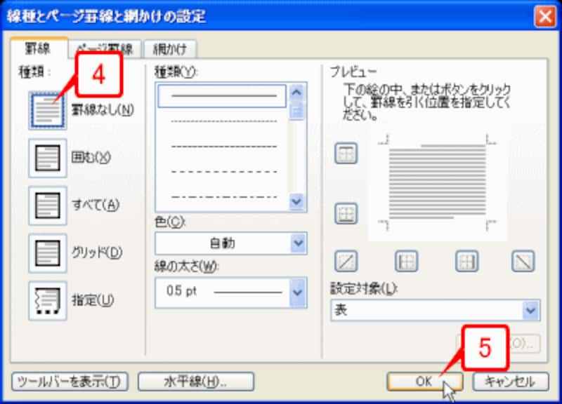 ［罫線］タブの［種類］で［罫線なし］を選択して［OK］ボタンをクリックします