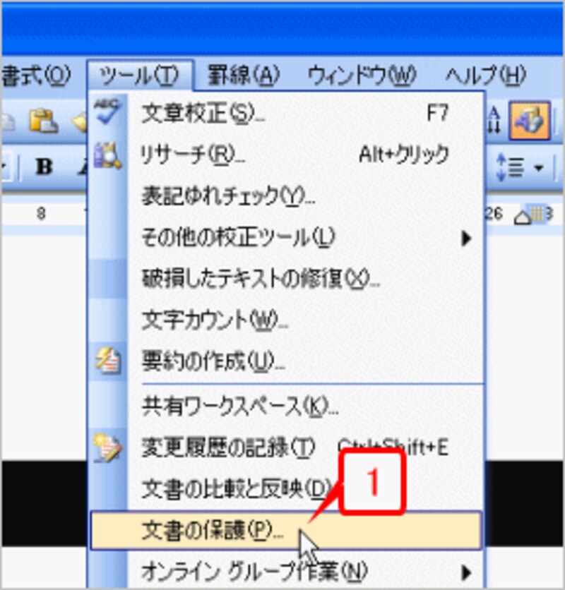 ［ツール］→［文書の保護］を選択します。［文書の保護］作業ウィンドウが表示されます。