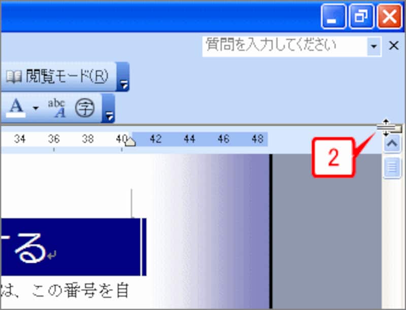 縦スクロールバーの上端にある［分割］ボタンをダブルクリックします。［分割］ボタンにマウスポインタを合わせると、ポインタの形が上下の矢印に変化します