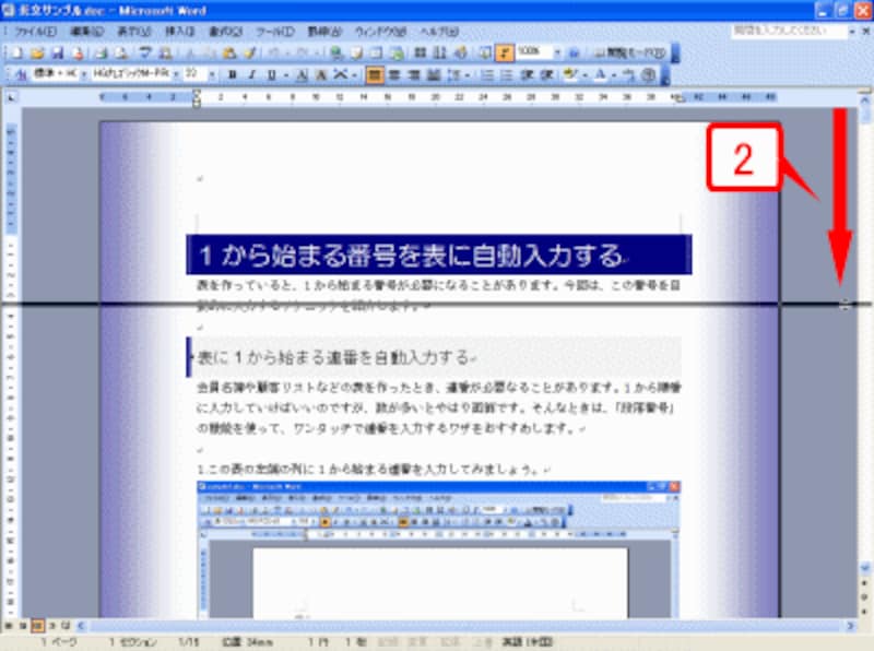 ［分割］ボタンを下方向にドラッグします。ドラッグ中は仮の分割線が表示されます