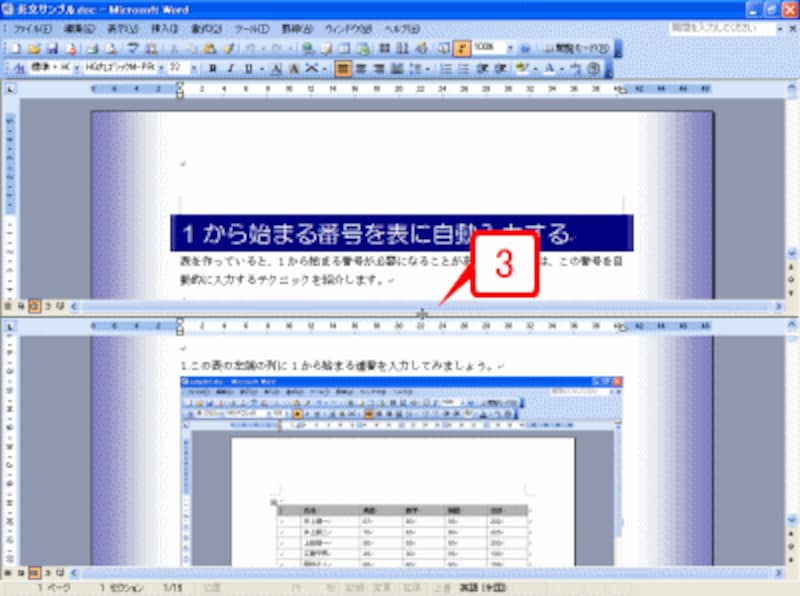 ［Enter］キーを押すか、ボタンを離すと、その位置でウィンドウが分割されます