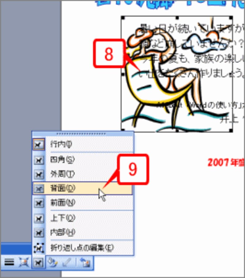クリップアートを選択したら、［図］ツールバーの［テキストの折り返し］ボタンをクリックし、［背面］を選択します。