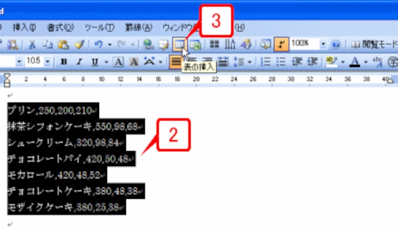 入力したデータを行単位で選択したら、［標準］ツールバーの［表の挿入］ボタンをクリックします。