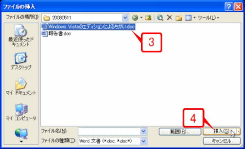 読み込むファイルを選択して［挿入］ボタンをクリックします
