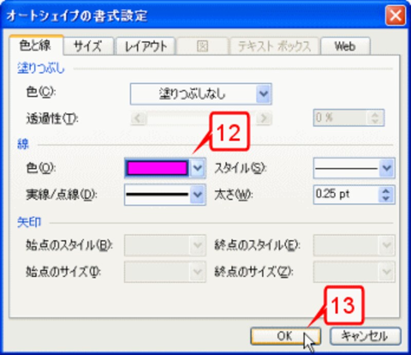 ［オートシェイプの書式設定］ダイアログボックスが表示されたら、線の色で「ピンク」を指定し、［OK］ボタンをクリックします。