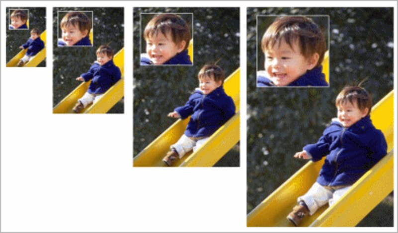 グループ化した画像をコピーし、それぞれの画像右下の○マークを［Shift］キーを押しながらドラッグしてサイズを変えました。サイズによらず、2つの画像の位置・サイズが一定に保たれています。