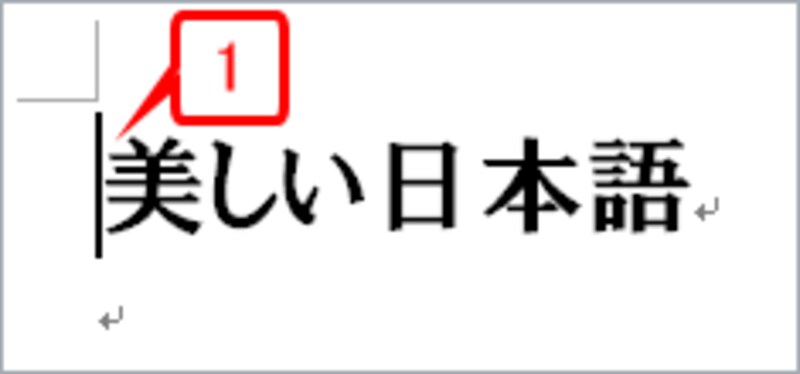 「美しい日本語」という文章の先頭にカーソルを置きます