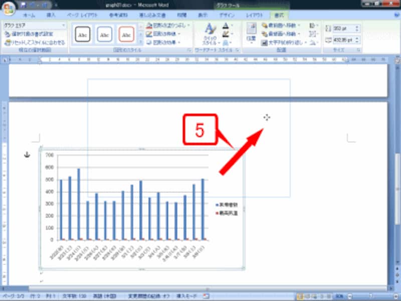 自由な位置に動かせるようになるので、表の右側までグラフをドラッグします。ページをまたぐ操作が難しい場合は、一度にドラッグしようとせず、少しずつドラッグして移動すれば大丈夫です