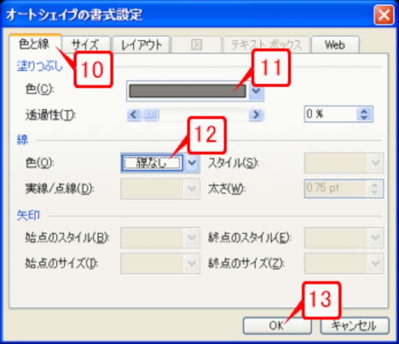 ［色と線］タブを選択し、［塗りつぶし］の［色］で四角形を塗りつぶす色を指定します。さらに、［線］の［色］で「線なし」を指定して［OK］ボタンをクリックします