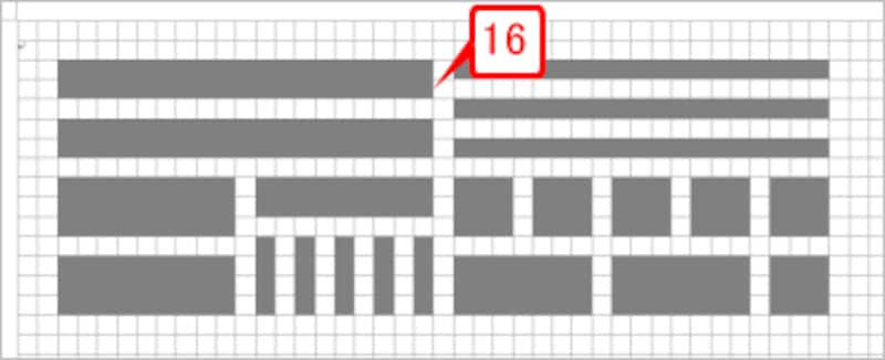 作成した四角形は［Ctrl］キーを押しながらドラッグすればコピーできます。これは、コピーしてさまざまなサイズにした四角形です。どの四角形もグリッド線にピッタリと揃っています。これらを部品として使って地図を作っていきます