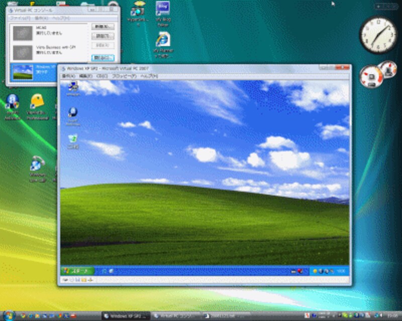 Windows VistaにVirtual PC 2007をインストールし、そこで作った仮想コンピュータにWindows XPをインストールし、起動しています。Windows Vistaの上でWindows XPが動作しています