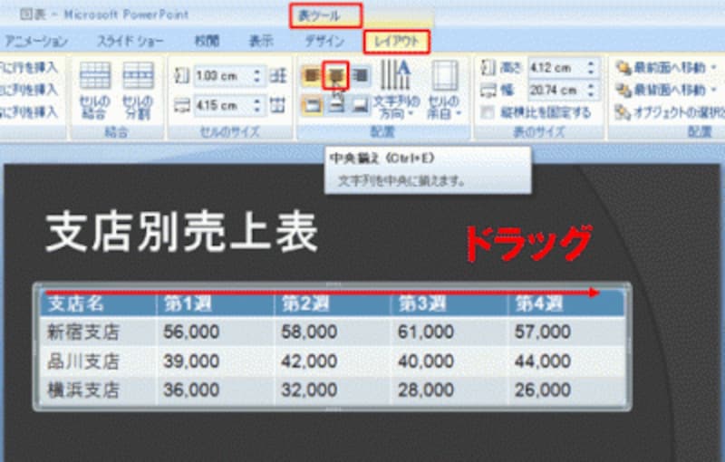 「ホーム」タブの「中央揃え」ボタンをクリックしてもよい