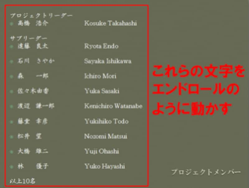 プレースホルダ（=文字を入力する枠）に、エンドロールのような動きを付けたい文字を入力しておく