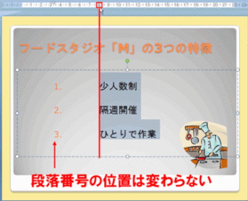 上向の三角記号をドラッグすると、箇条書きの文字だけがずれる