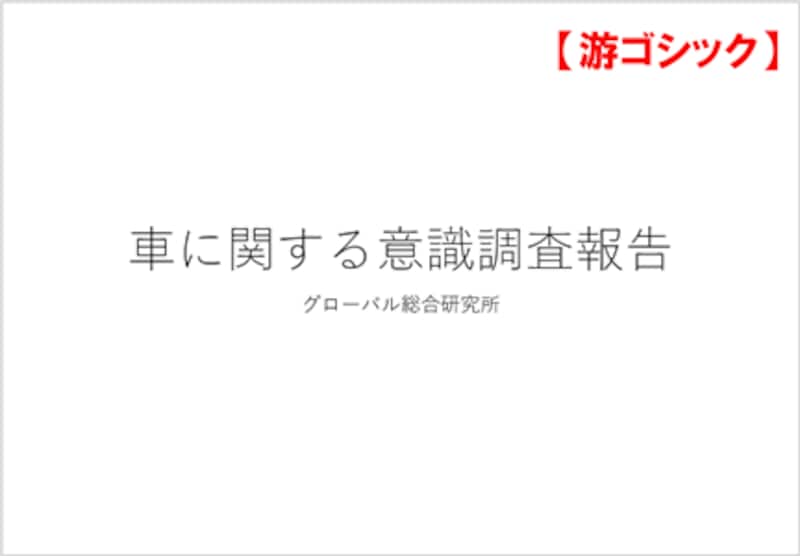 PowerPoint2016では、「游ゴシック」のフォントが標準フォントになりました。同じゴシック体でも、「游ゴシック」のほうが優しい雰囲気になります。