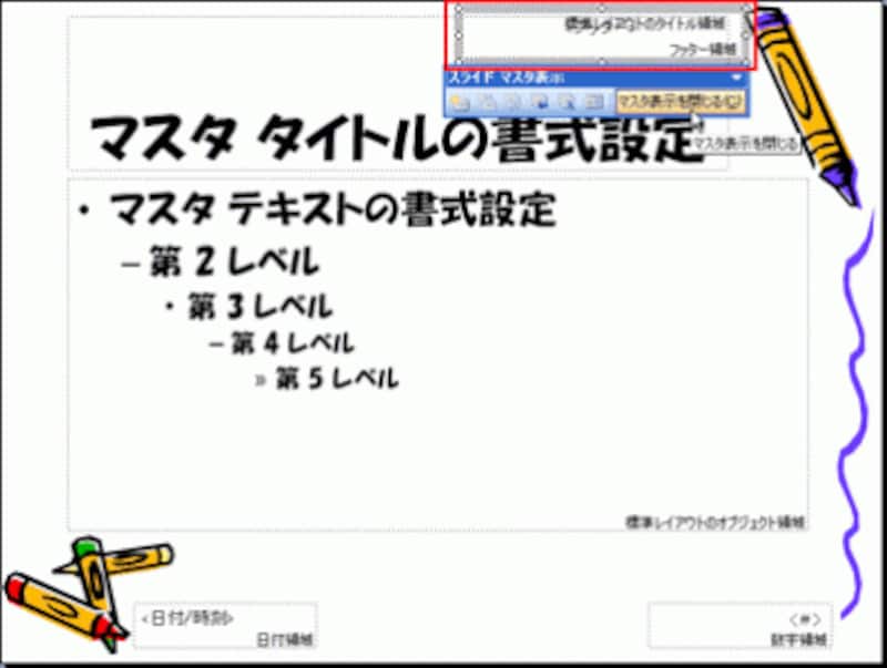 PowerPoint2007では、「スライドマスタ」タブの「マスタ表示を閉じる」ボタンをクリックする