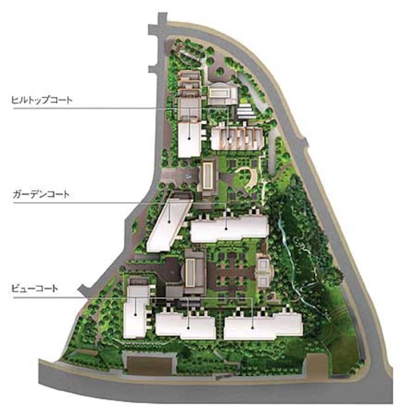 地下駐車場ですっきりしたランドスケイプで各棟からの景観が美しい