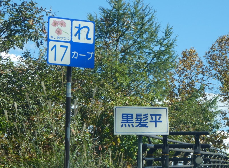 いろは坂のカーブの標識