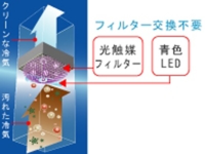 LEDで活性化させる光触媒フィルターは交換不要で、いつまでも庫内を清潔にキープ