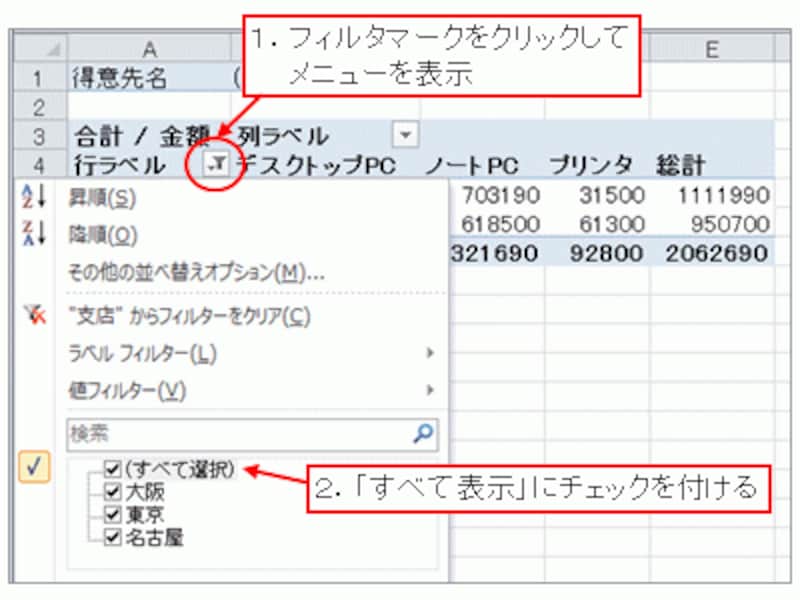 従来のピボットテーブルで絞り込んだ状況をクリアする