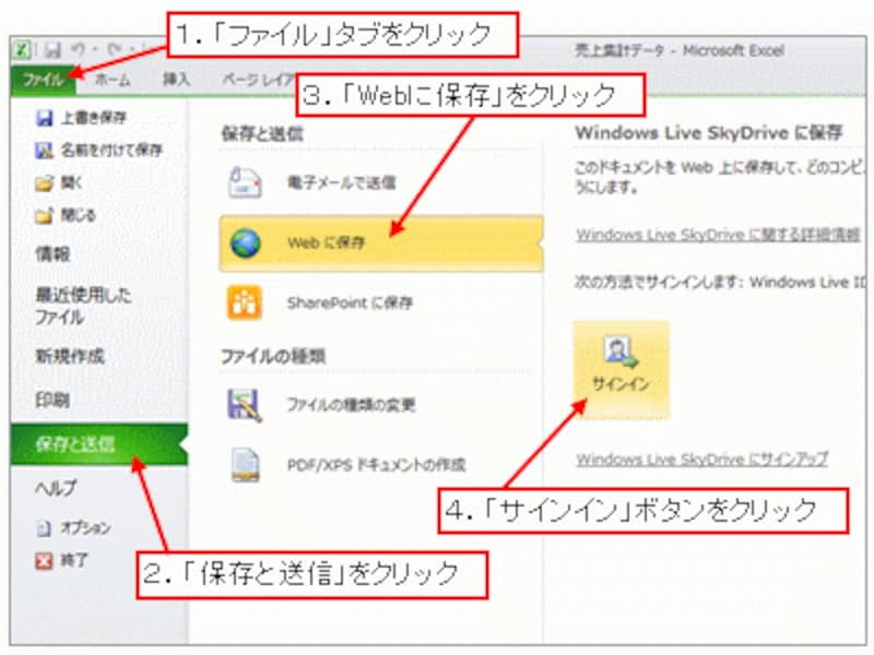 「Windows Live SkyDrive に保存」の「サインイン」ボタンをクリック