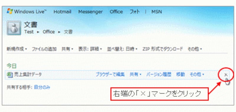 SkyDriveからブックを削除