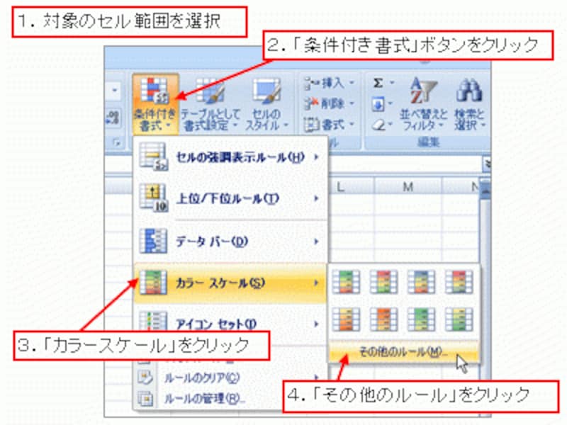 「条件付き書式」ボタン→「カラースケール」→「その他のルール」をクリック