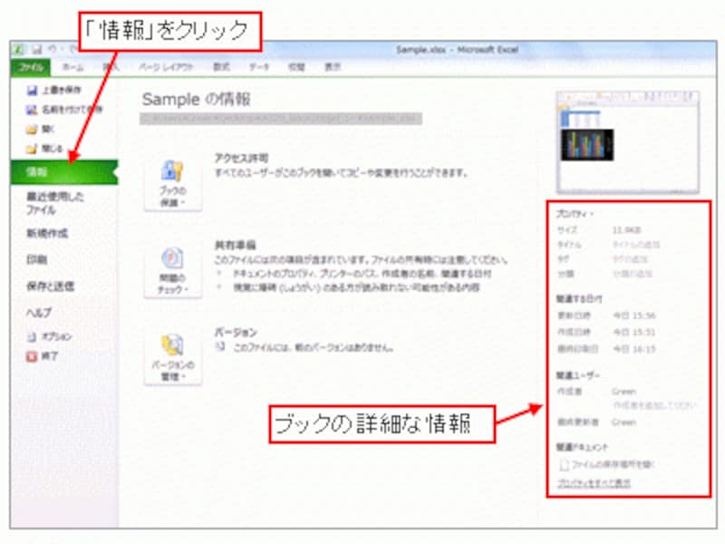 ※Excel2007では、Officeボタン→「配布準備」→プロパティをクリックすることで、その情報の一部をワークシートの上側に表示できました。