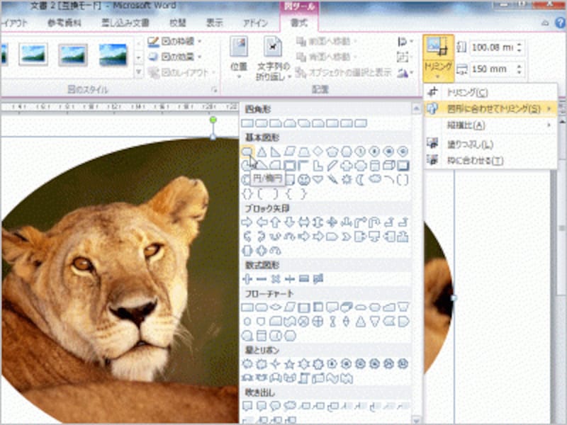 図形の形に画像を切り抜くこともできます。Word 2007にもありましたが、Word 2010ではトリミング機能に分類されました