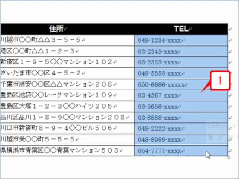 隠し文字にしたい文字を選択します。ここでは、電話番号を入力したセルを選択しています