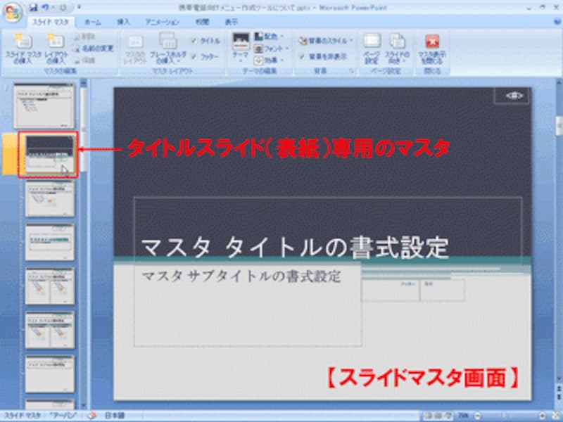PowerPoint2003では、スライドマスタ画面の左側に並ぶ上から2番目のマスタが表紙用のマスタ画面だ