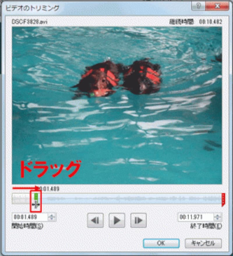 左側にある緑のつまみは、ビデオの開始位置を決めるときに使う