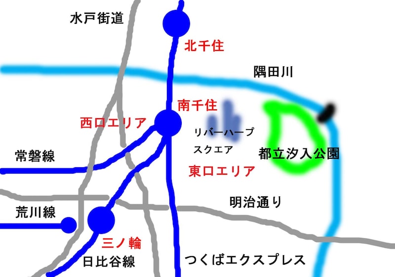 南千住と周囲の位置関係図