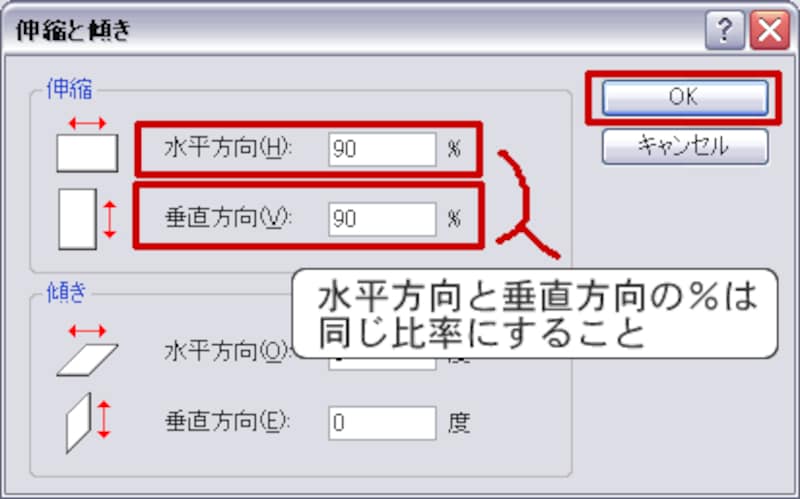 ドラッグでも大きさ変更はできますが、ここでは「伸縮と傾き」を使います。